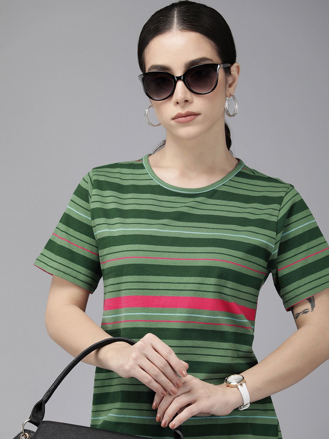Van Heusen Woman Round Neck Striped Pure Cotton T-shirt Price in India
