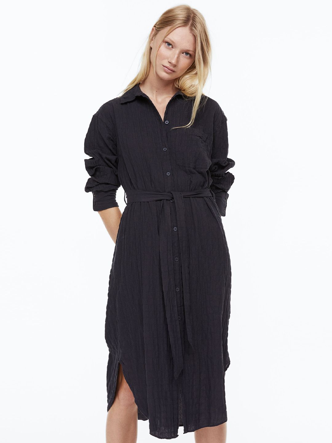 H&M Crinkled Self Design Shirt Collar Cuffed Sleeves Belted Shirt Midi Dress Price in India