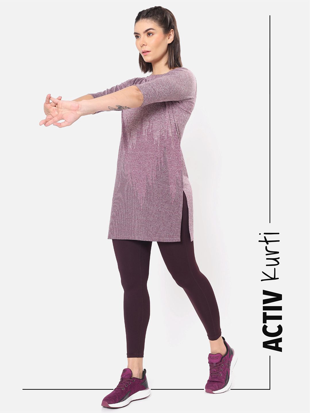 Cultsport Purple Longline Printed Activ-Kurti with Side Pocket Price in India