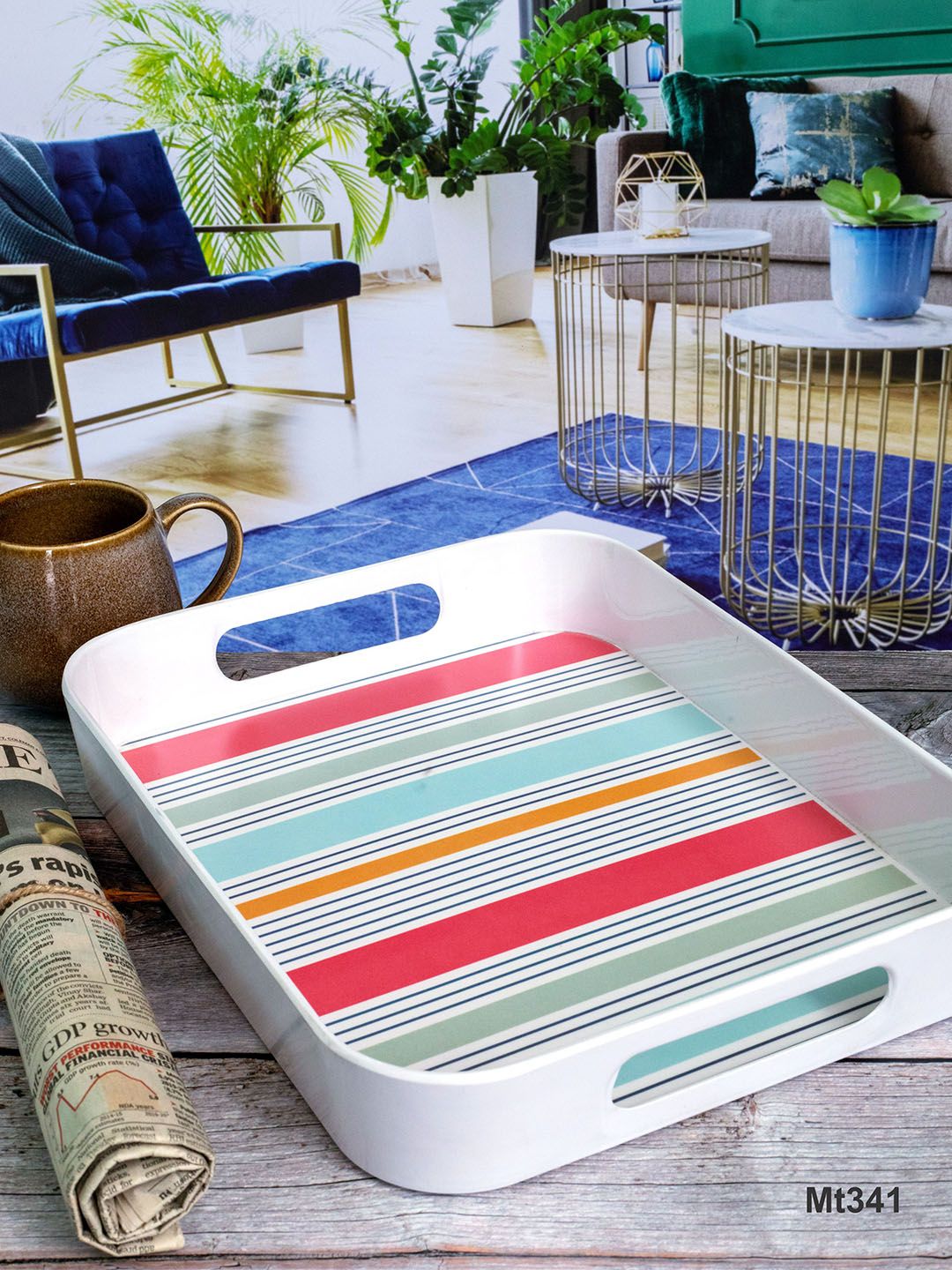GOODHOMES White and Pink Printed Melamine Rectangular Serving Tray