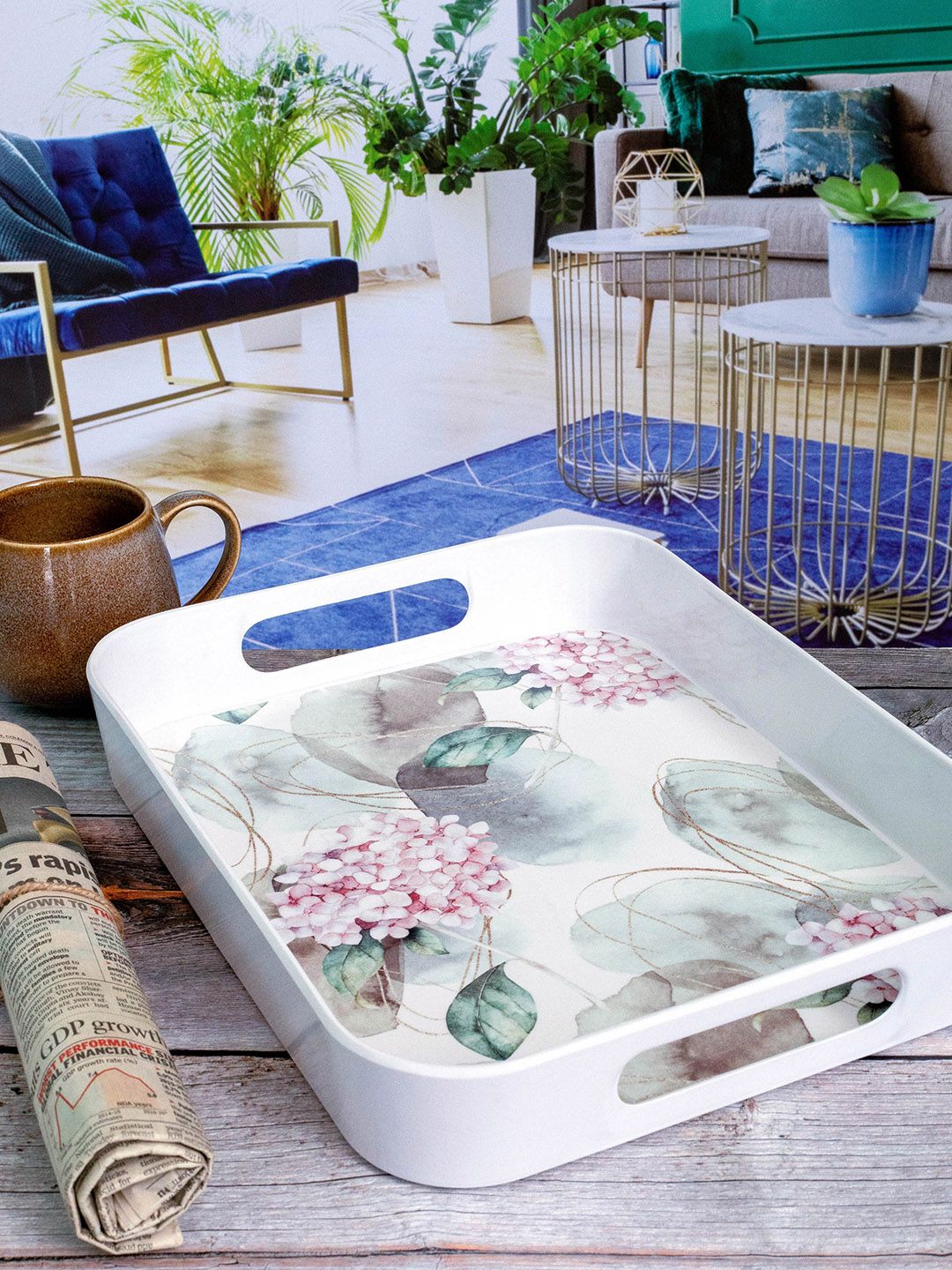 GOODHOMES White and Pink Printed Melamine Rectangular Serving Tray