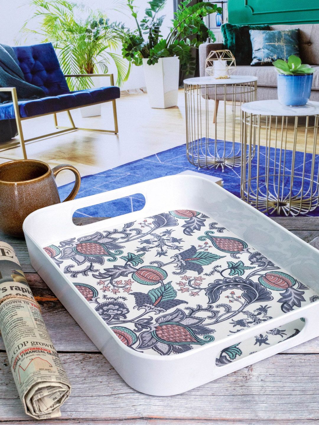 GOODHOMES White and Green Floral Printed Melamine Rectangular Serving Tray