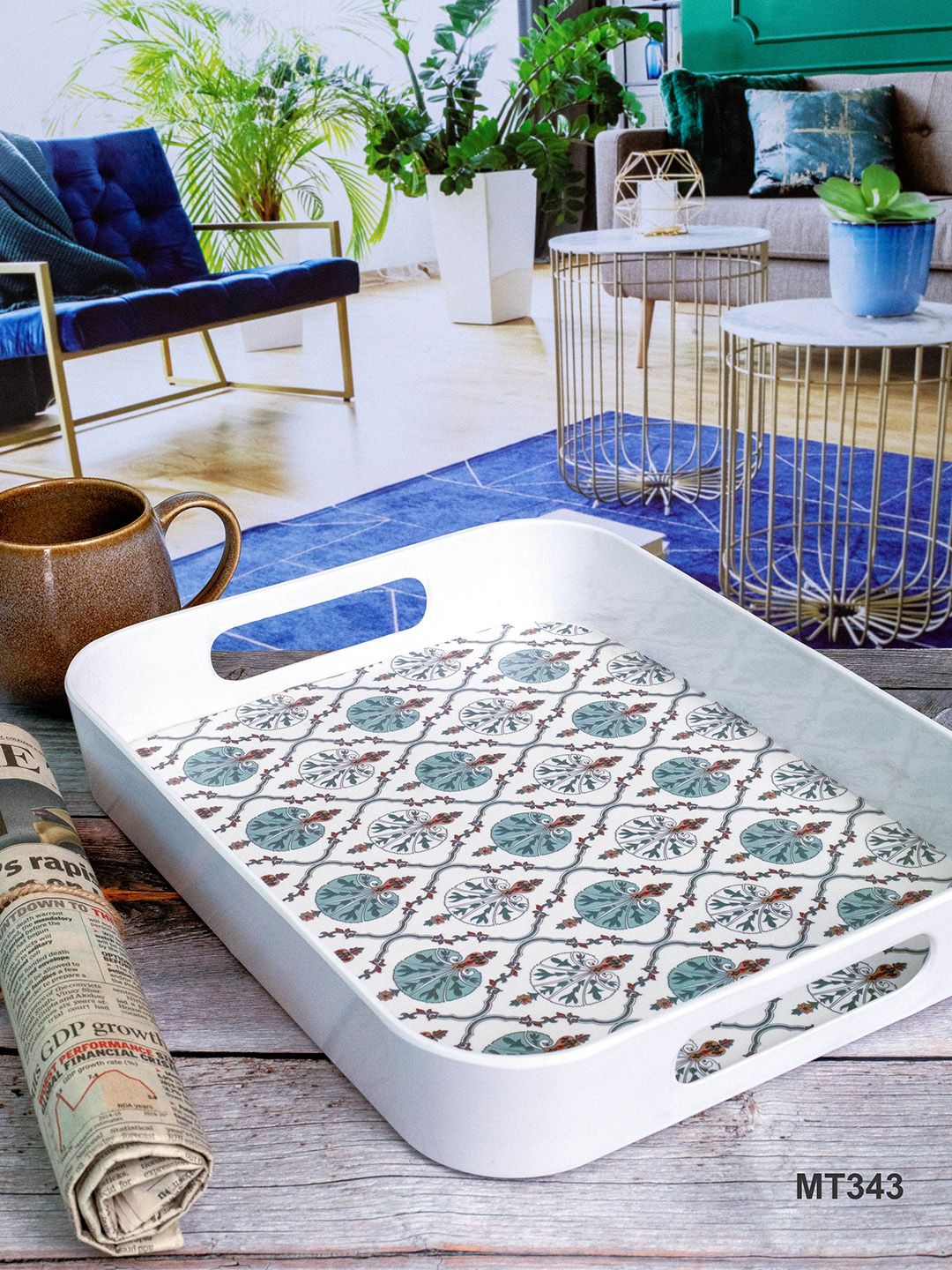 GOODHOMES White and Green Printed Melamine Rectangular Serving Tray