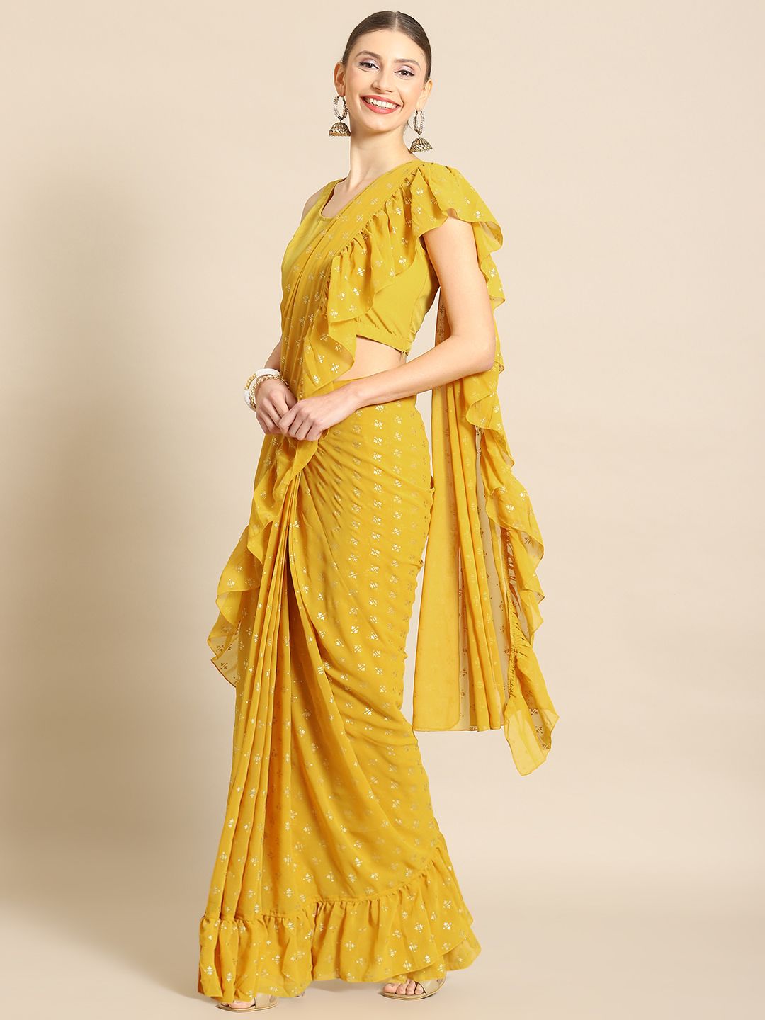 Ahalyaa Printed Ready To Wear Ruffles Saree Price in India