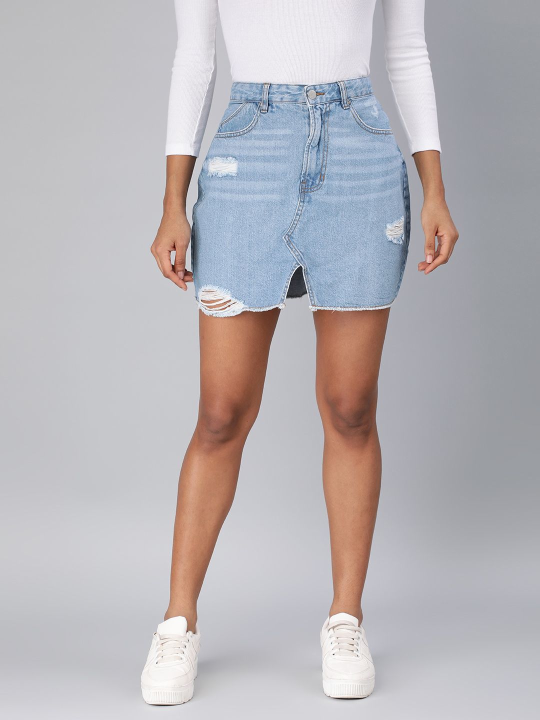 London Rag Washed Pure Cotton Distressed Straight Denim Mini Skirt Price in India