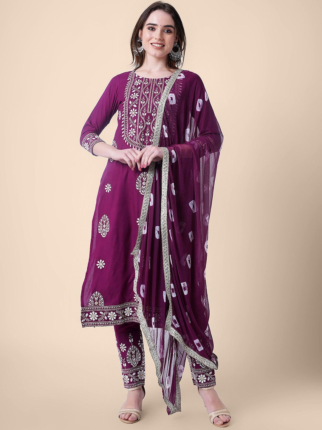 Mollar Women Purple Ethnic Motifs Embroidered Thread Work Kurta with Trousers & With Dupatta Price in India