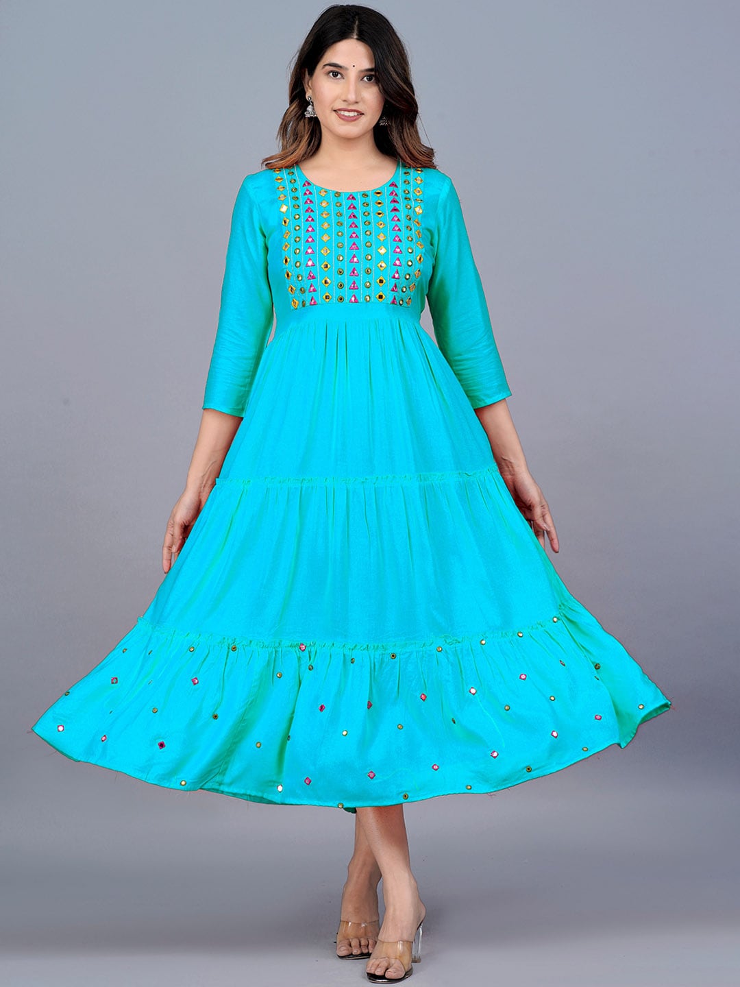 KALINI Turquoise Blue & Purple Embellished Embroidered Ethnic Midi Dress Price in India