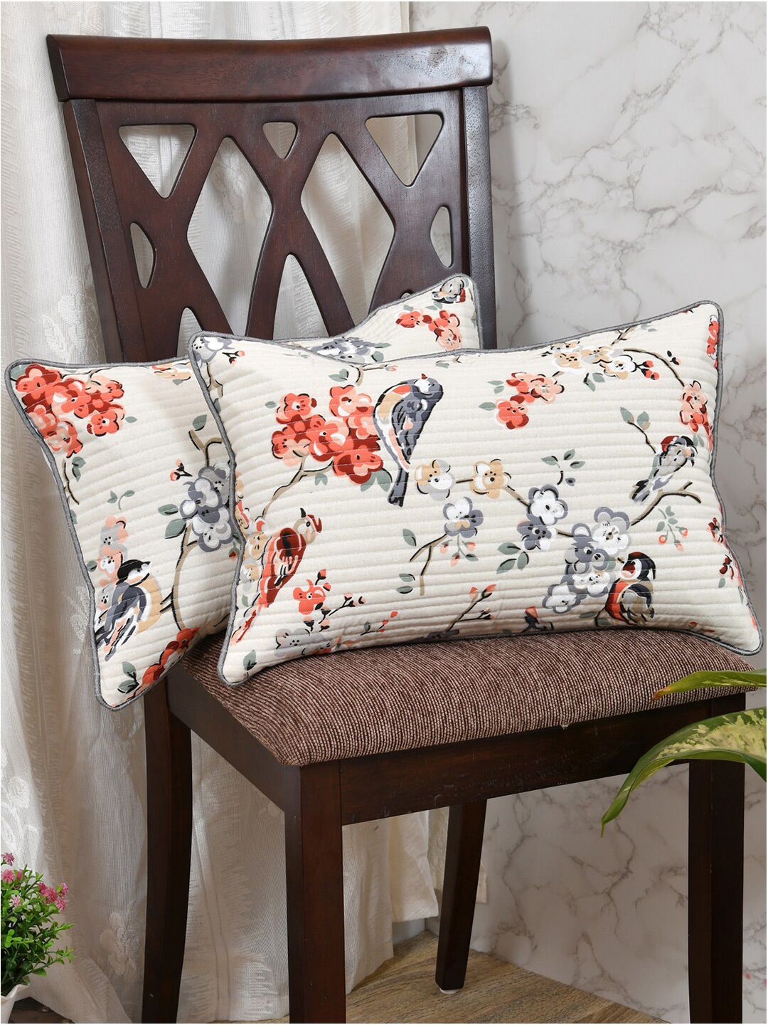 Clasiko Flowers Birds Floral Cotton 2 Pcs Rectangle Cushion Covers - 12 x 18 In