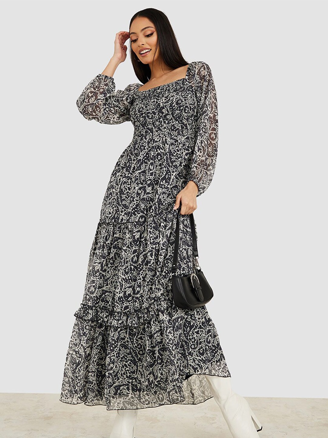 Styli Ethnic Motifs Square Neck Puff Sleeves Maxi Dress Price in India