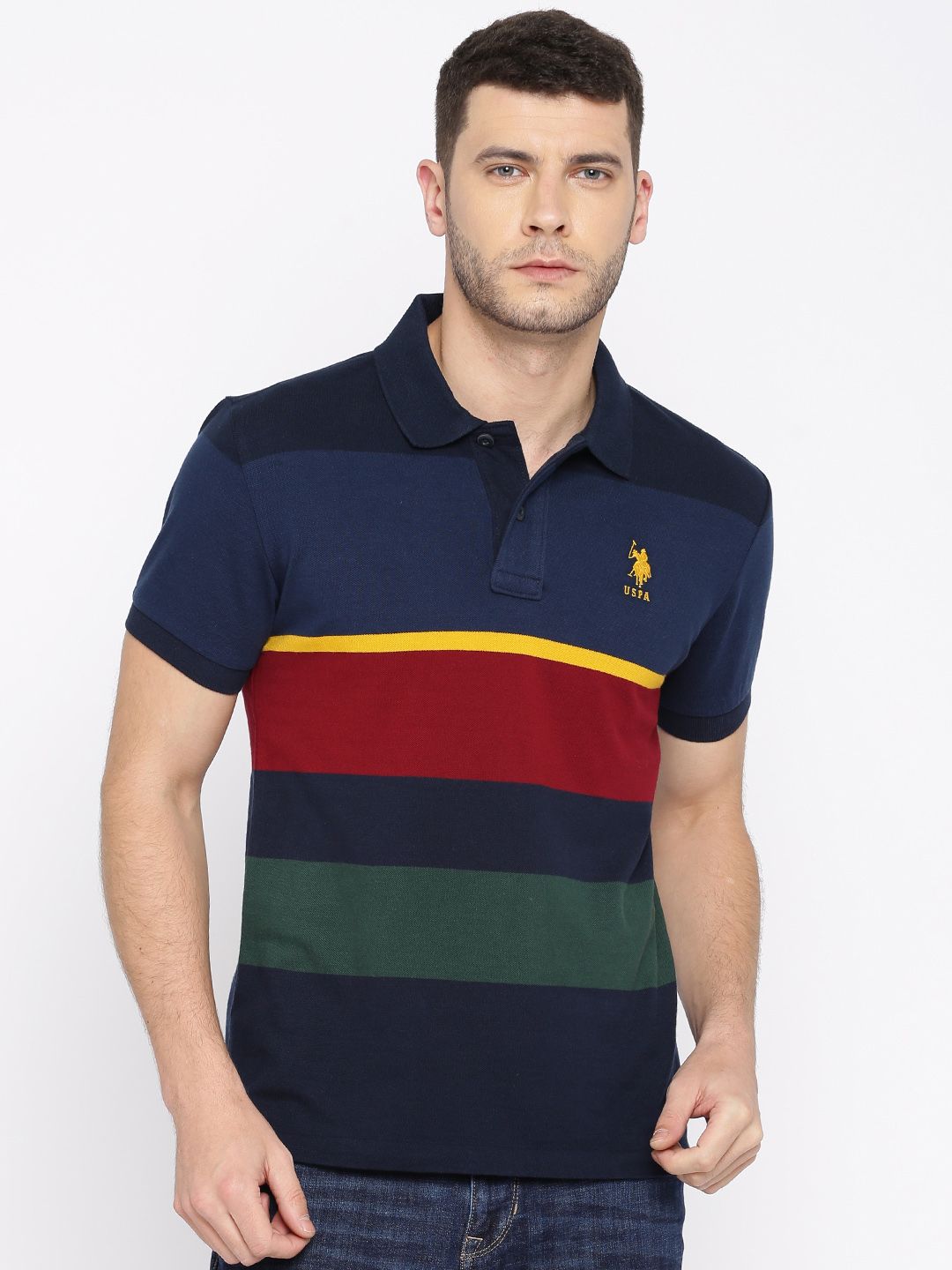 U.S. Polo Assn. Men Navy Blue Colourblocked Polo T-Shirt