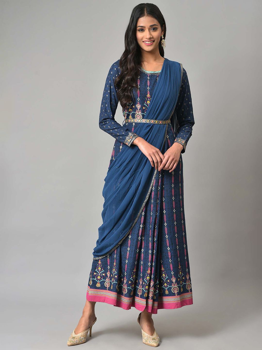W Blue Ethnic Motifs Ethnic Maxi Dress Price in India