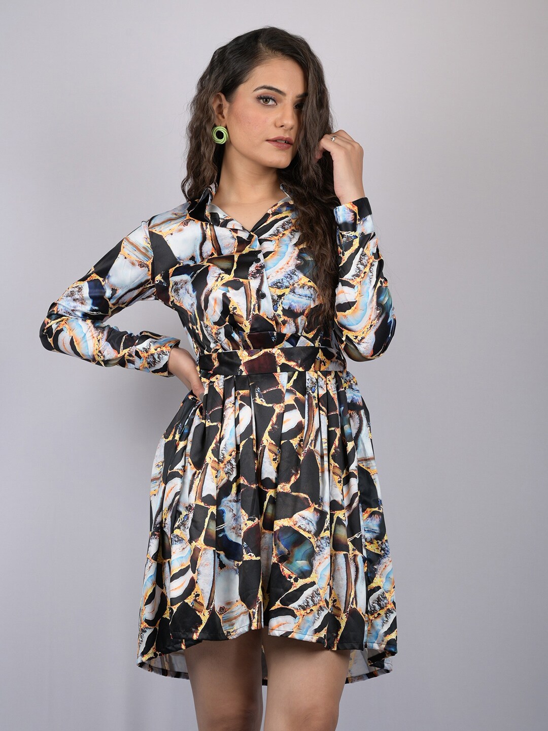 OWO THE LABEL Multicoloured Floral Tie-Up Neck Satin Dress Price in India