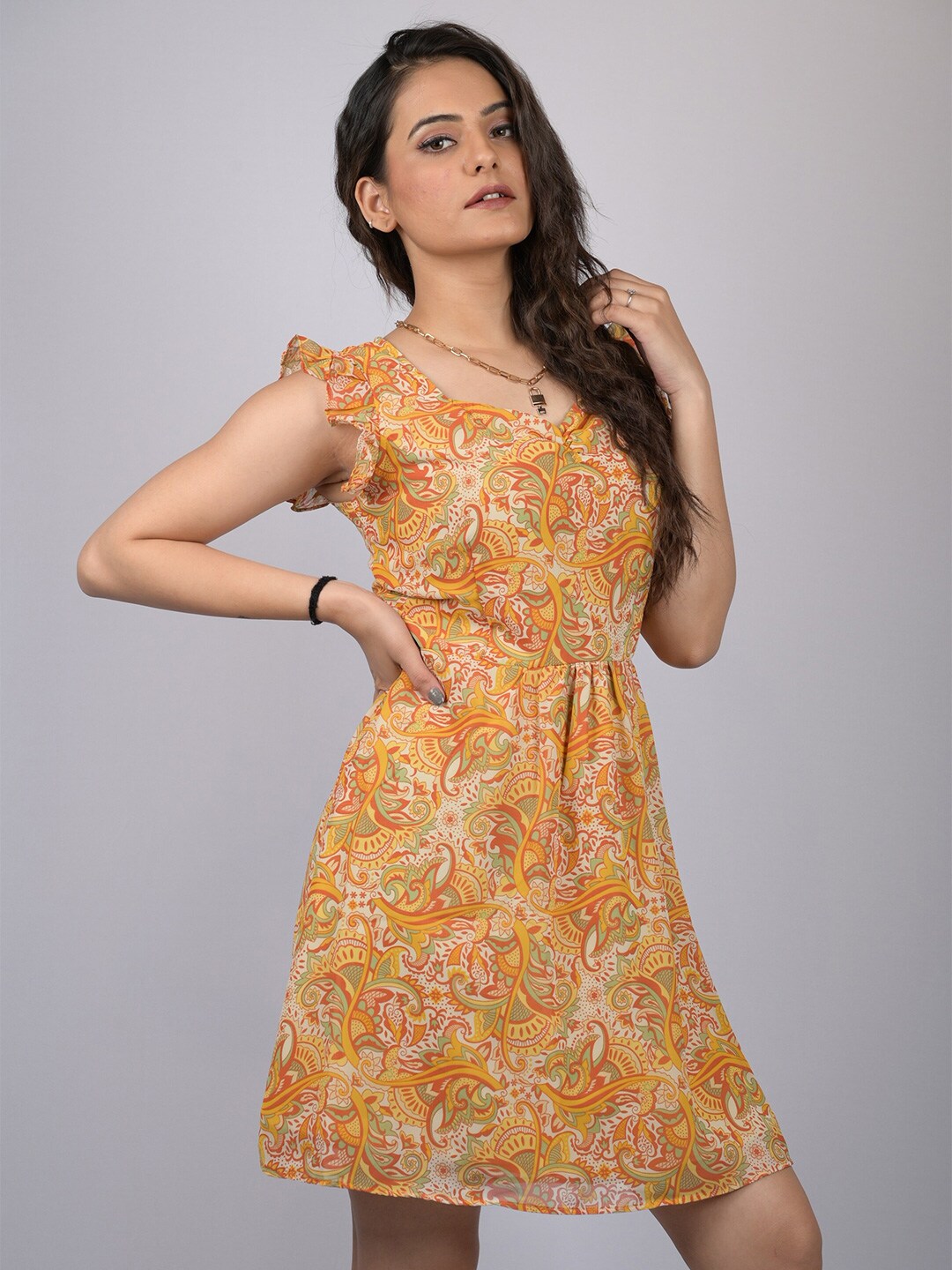 OWO THE LABEL Floral Printed Flutter Sleeve Fit & Flare Dress Price in India