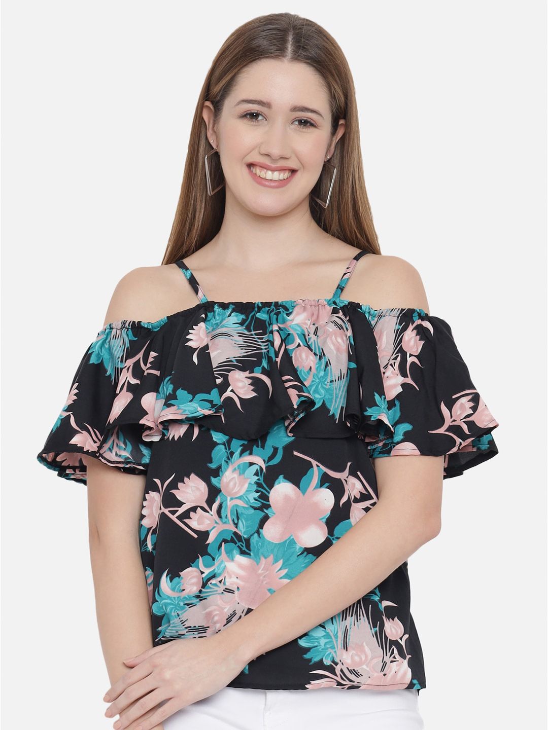 Indietoga Green Floral Print Ruffles Crepe Top Price in India