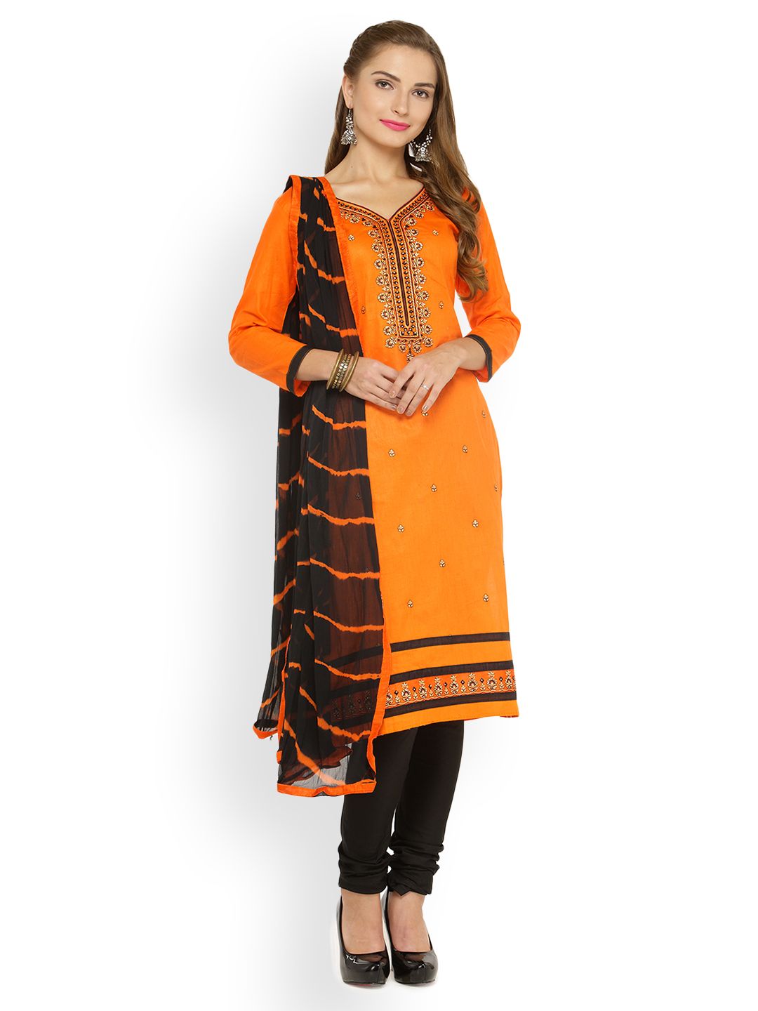 Kvsfab Orange & Black Satin Unstitched Dress Material Price in India