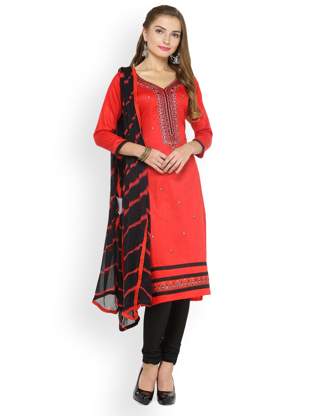 Kvsfab Red & Black Satin Unstitched Dress Material Price in India