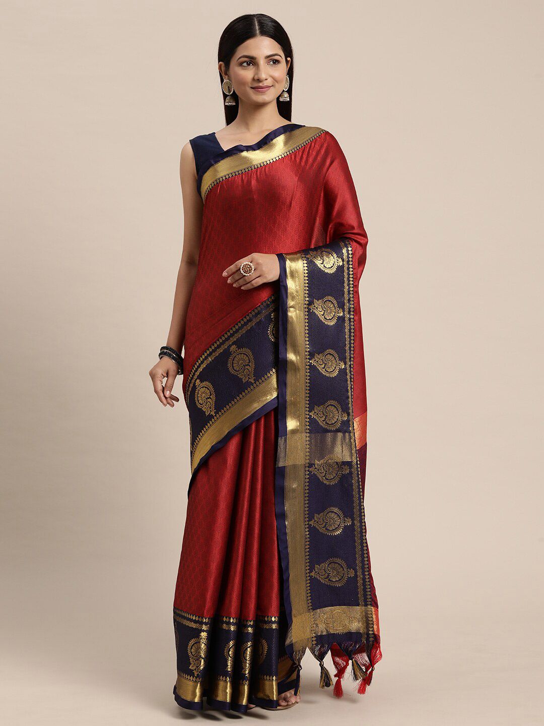WILORI Red & Black Woven Design Zari Silk Cotton Maheshwari Saree Price in India
