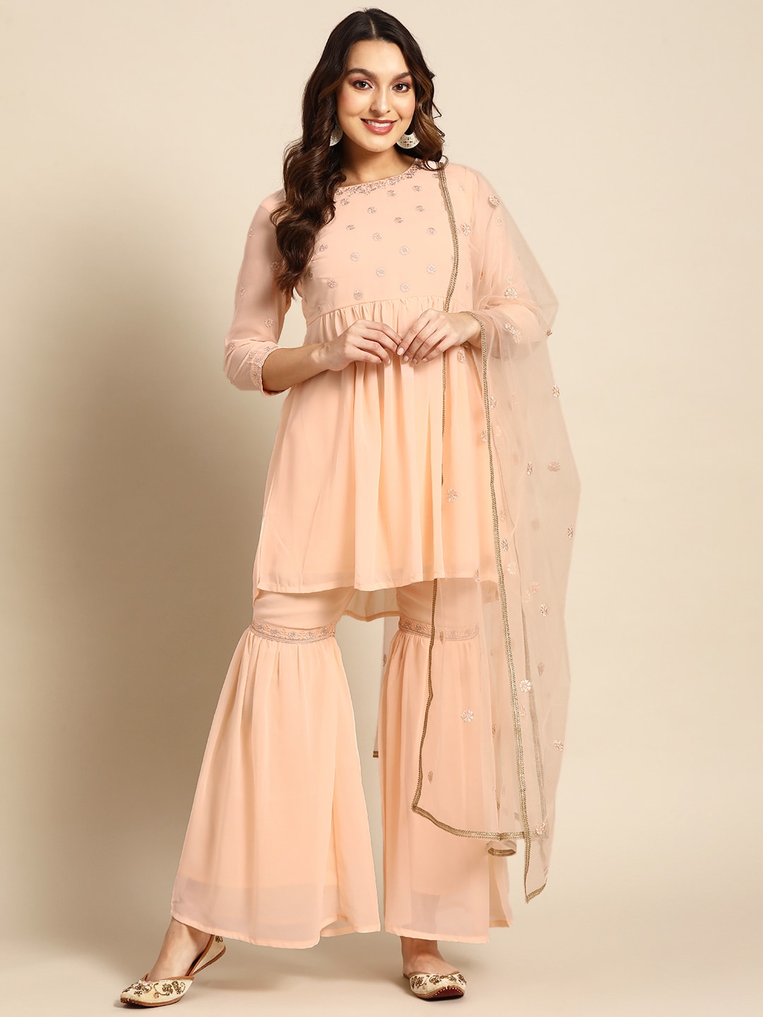 Anouk Women Cream-Coloured Floral Embroidered Pleated Thread Work Kurti with Sharara & With Dupatta Price in India