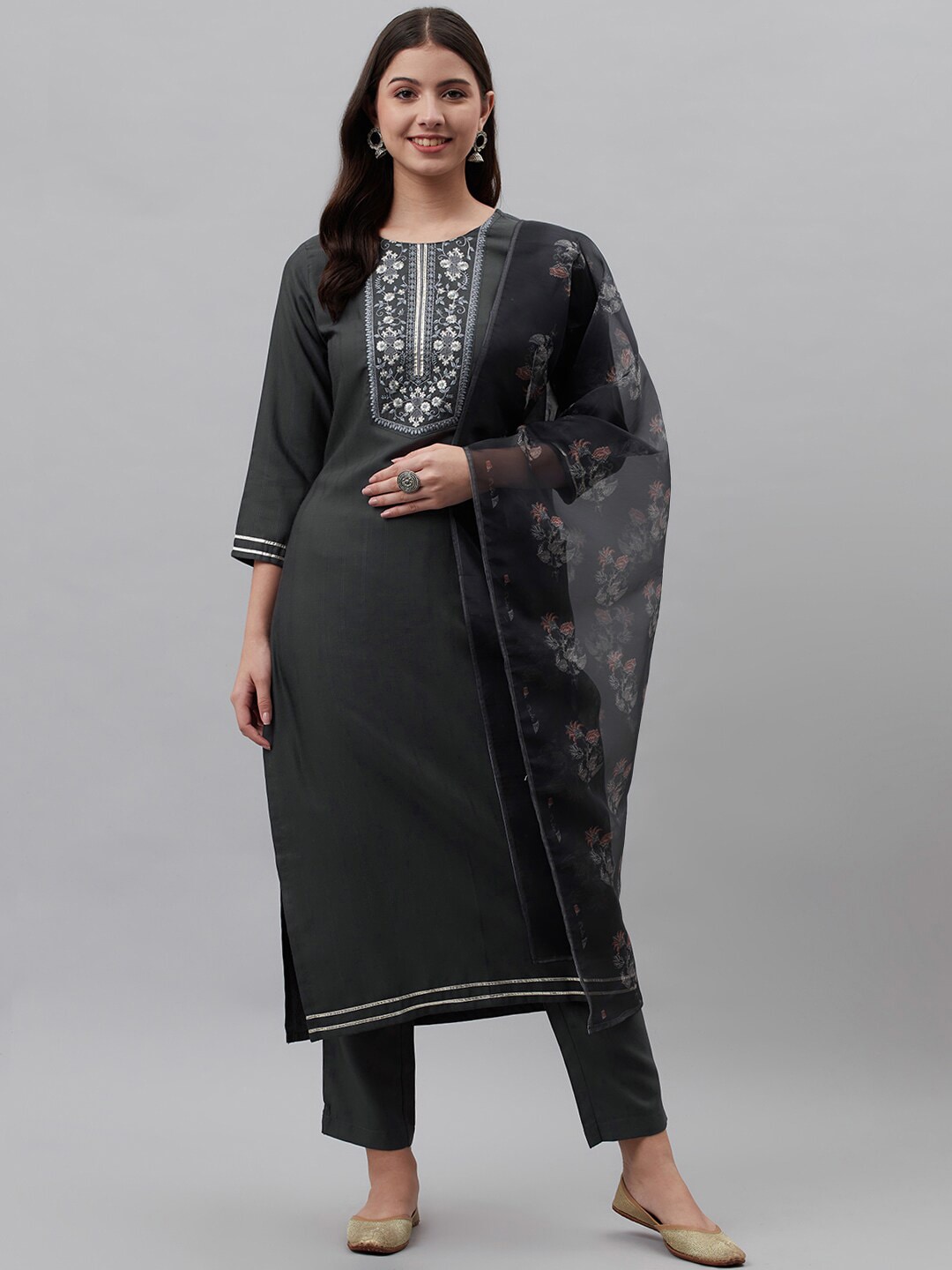 KALINI Women Grey Floral Embroidered Thread Work Kurta with Trousers & With Dupatta Price in India