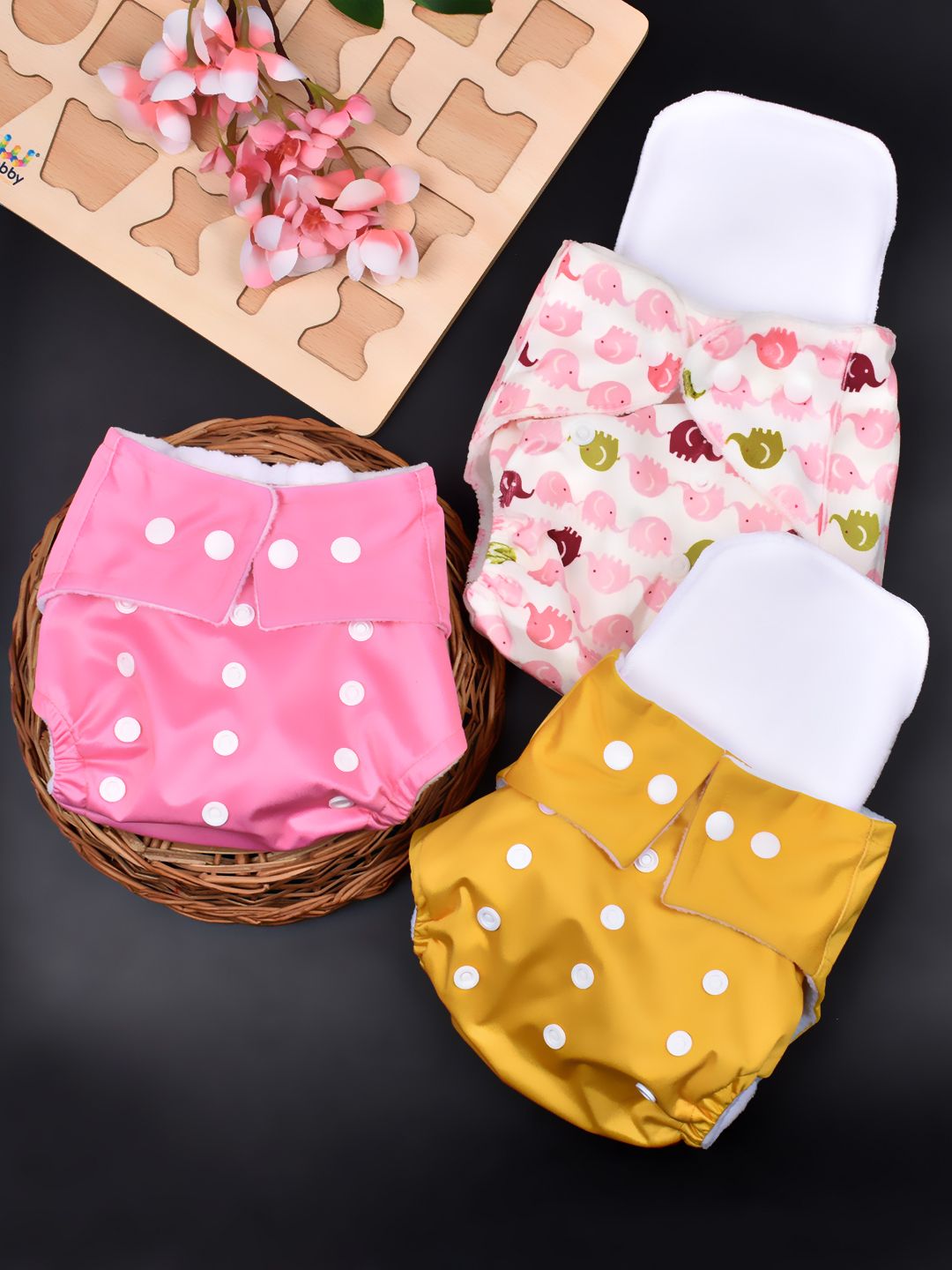 Moms Home Infants Set Of 3 Adjustable & Reusable Cotton Pocket Diapers With 3 Inserts