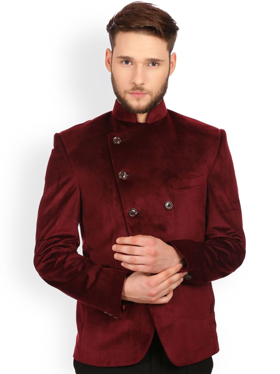 Wintage Maroon Double-Breasted Tailored Fit Ethnic Bandhgala Blazer