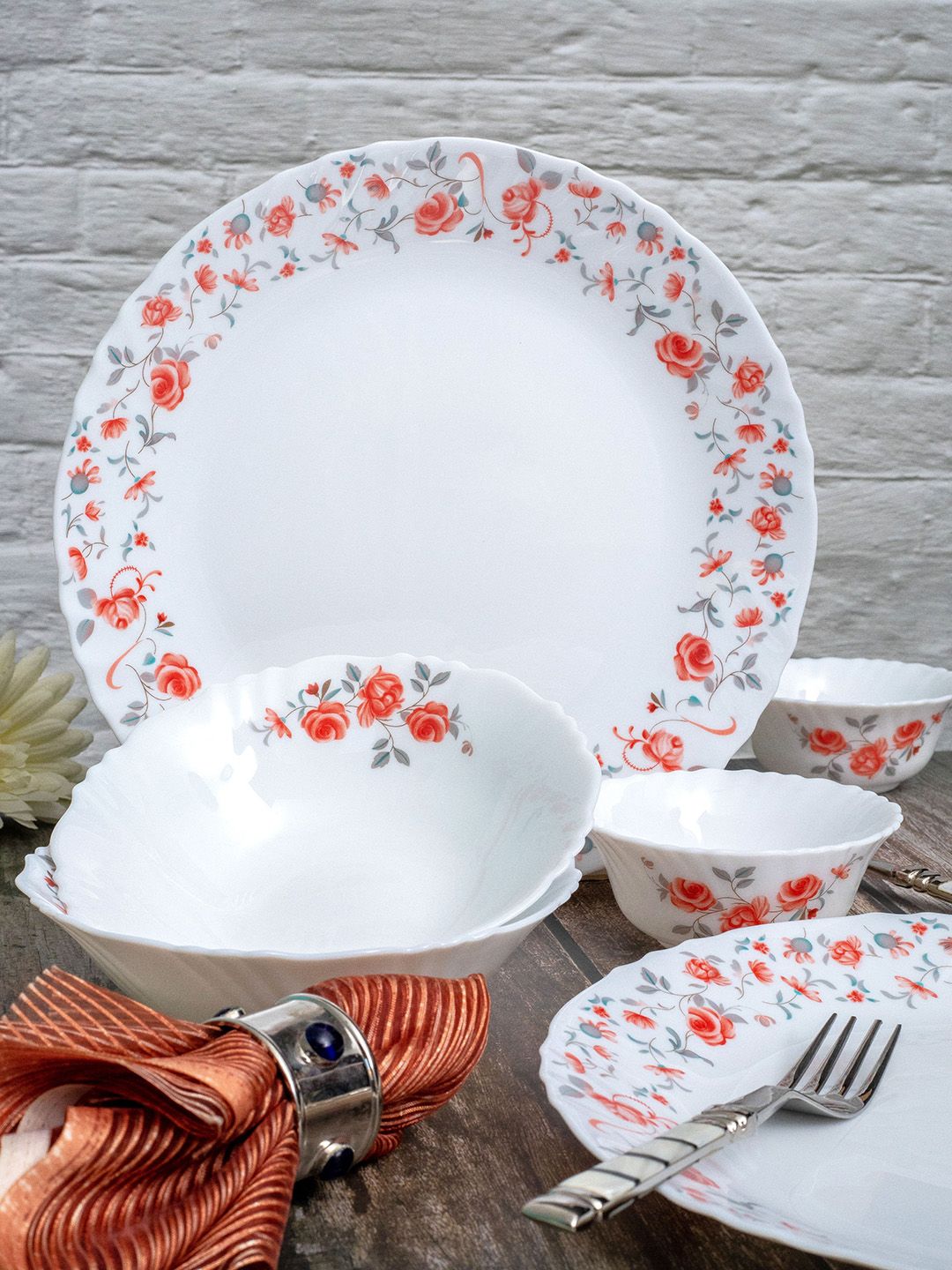 Cello Opalware White Floral Opalware Dishwasher and Microwave Safe 6 Piece Dinner Set