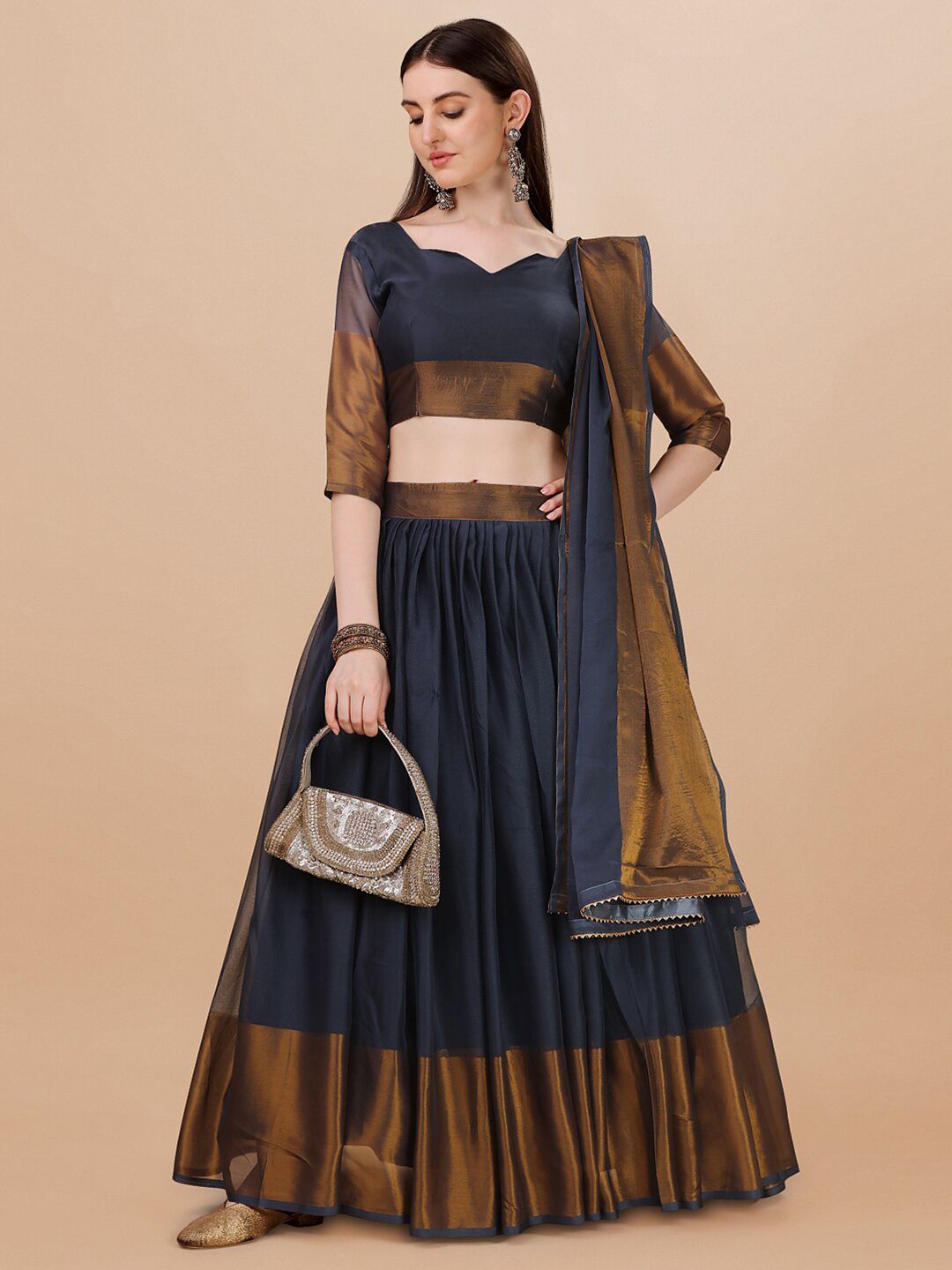 PMD Fashion Grey & Copper-Toned Ikat Semi-Stitched Lehenga & Unstitched Blouse With Dupatta Price in India