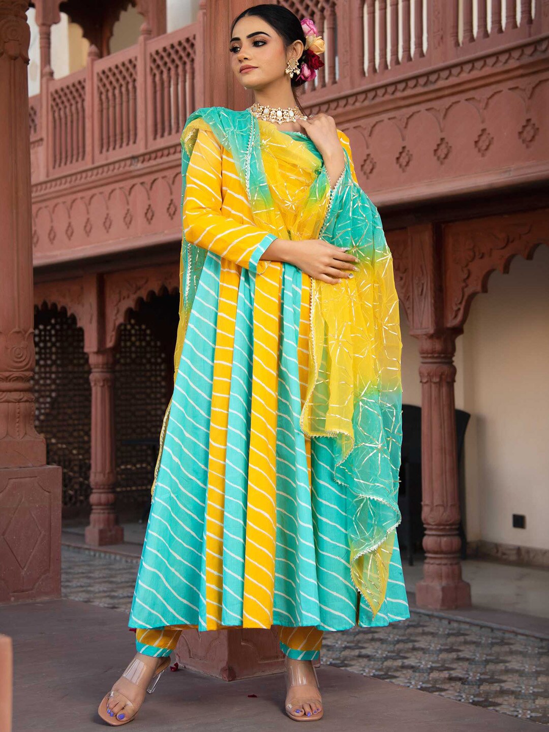 Calmna Women Leheriya Dyed Panelled Gotta Patti Kurta with Trousers & With Dupatta Price in India