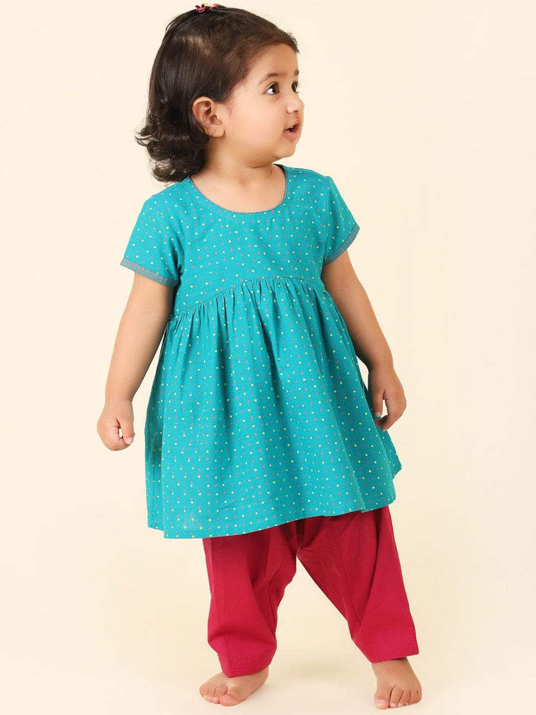 Fabindia Girls Printed Round Neck Empire Pure Cotton Kurta with Salwar