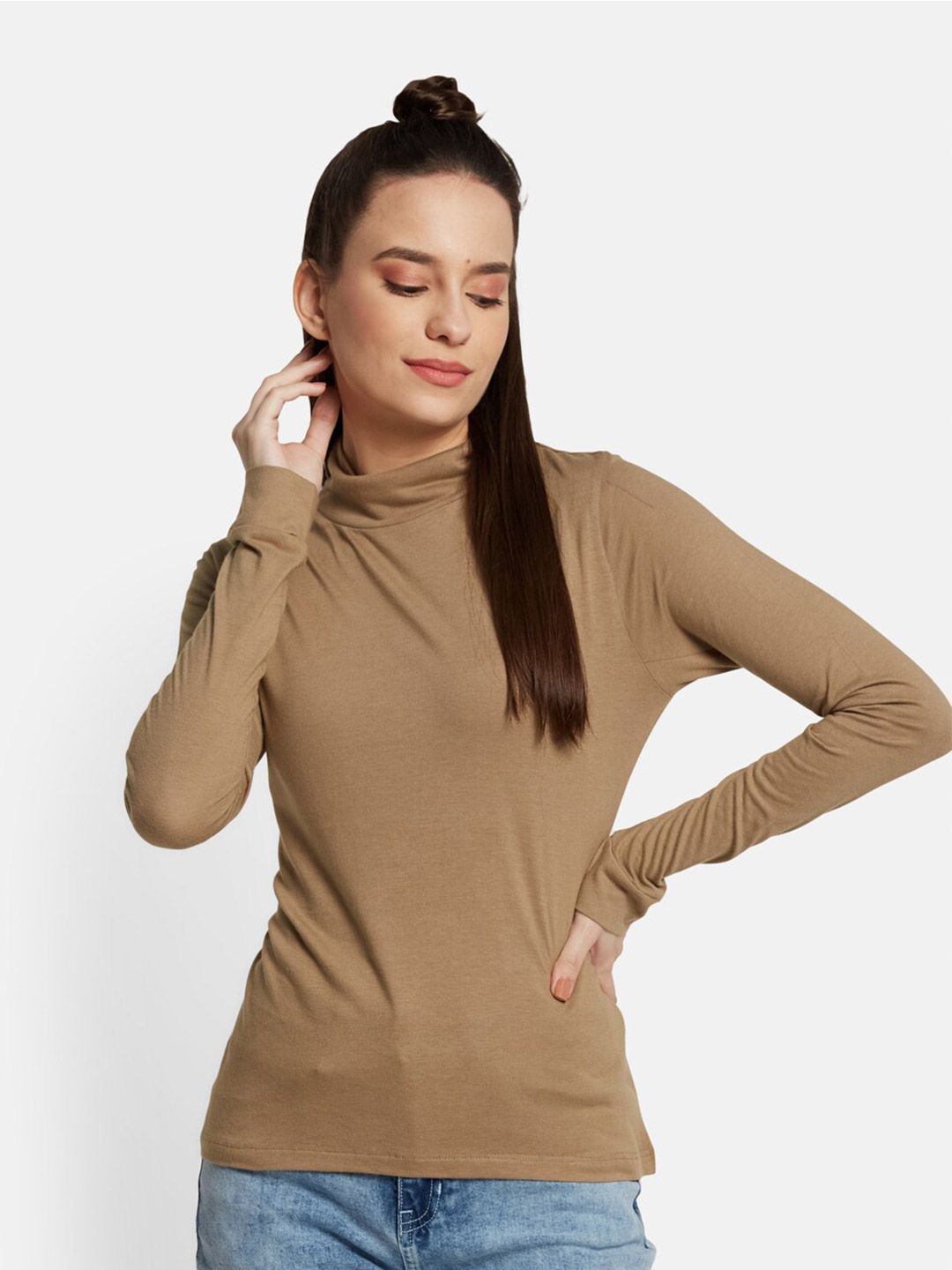 UNMADE Camel Brown High Neck Top Price in India
