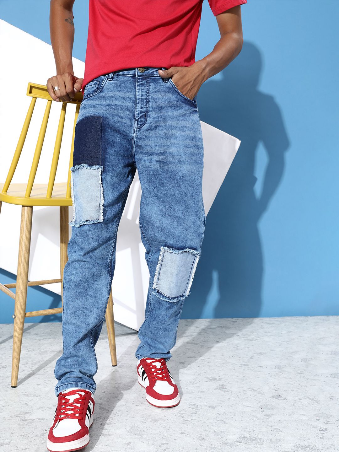 Buy Kook N Keech Men Ocean Blue Baggy Fit Upcycled Denim Patch