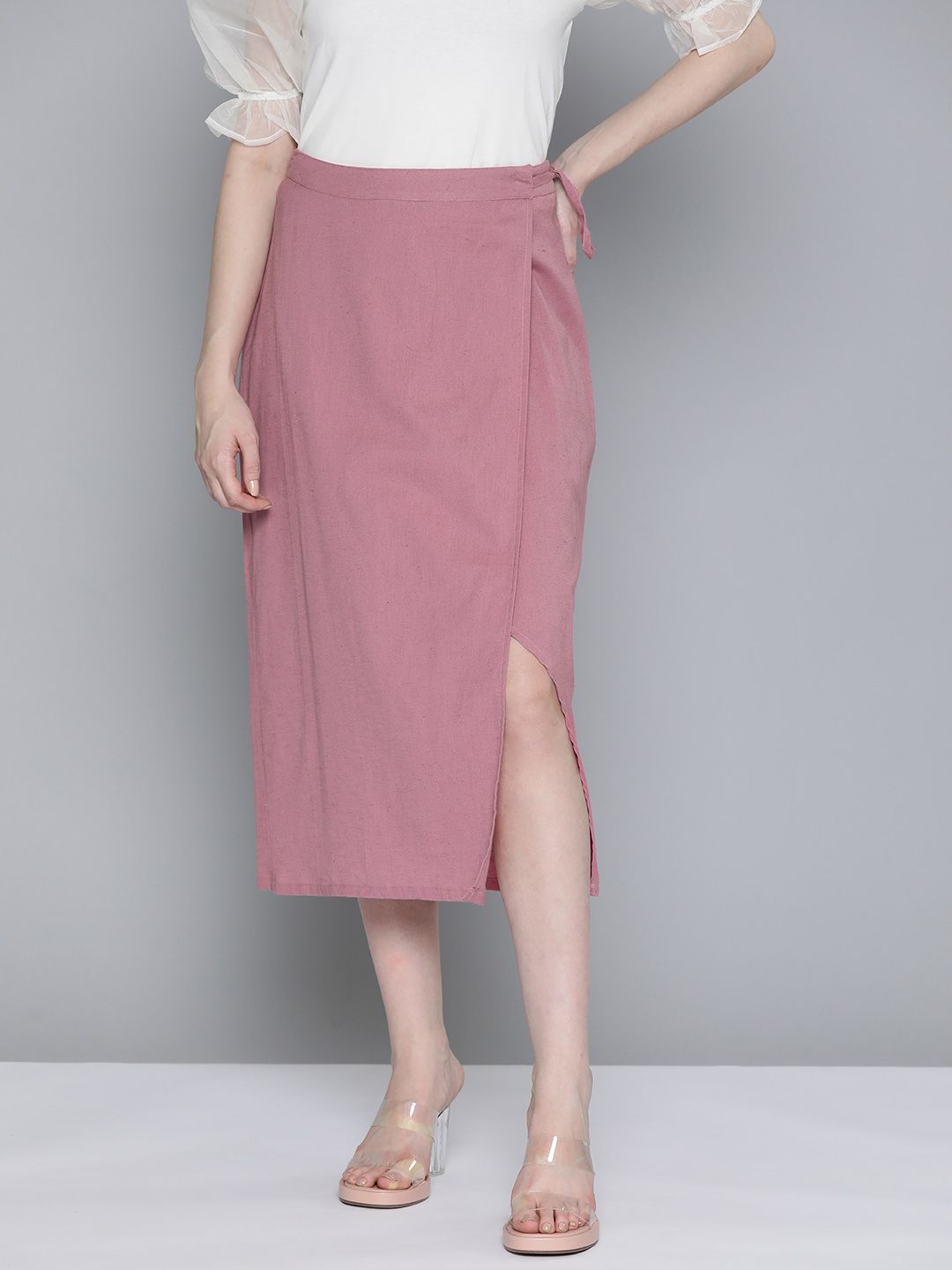 Chemistry Women Cotton Linen Solid Wrap Midi Skirt Price in India