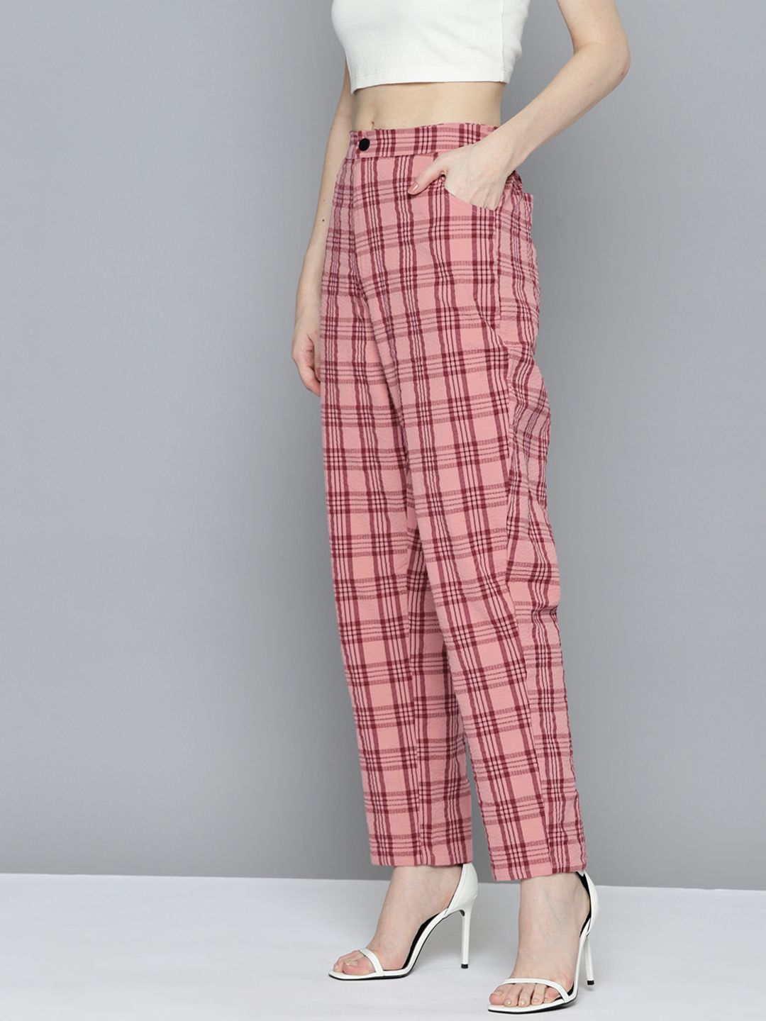 Buy Chemistry Women Pure Cotton Seersucker Checked Trousers