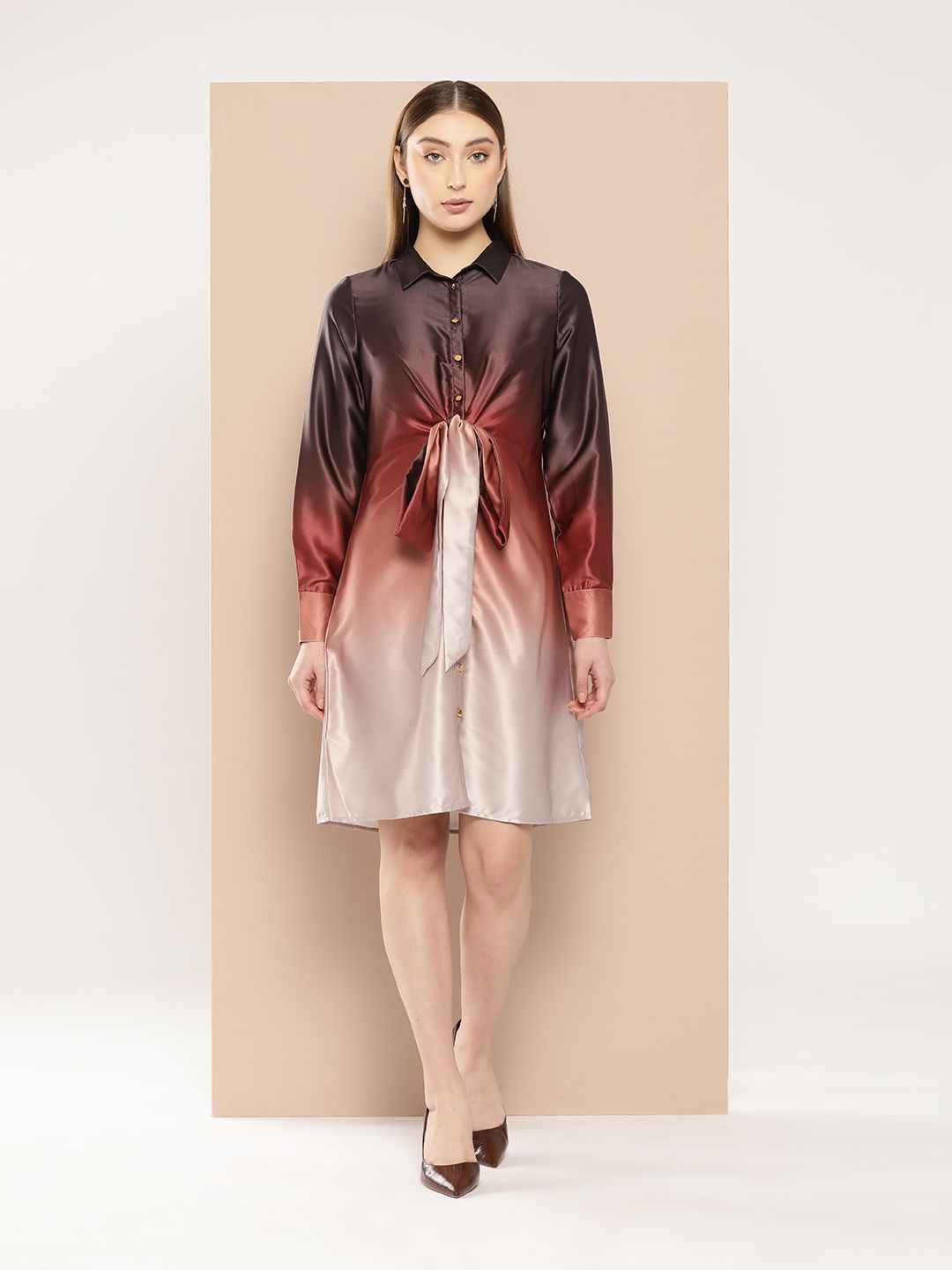 Chemistry Ombre Dyed Satin-Finish Tie-Up Waist Shirt Dress Price in India