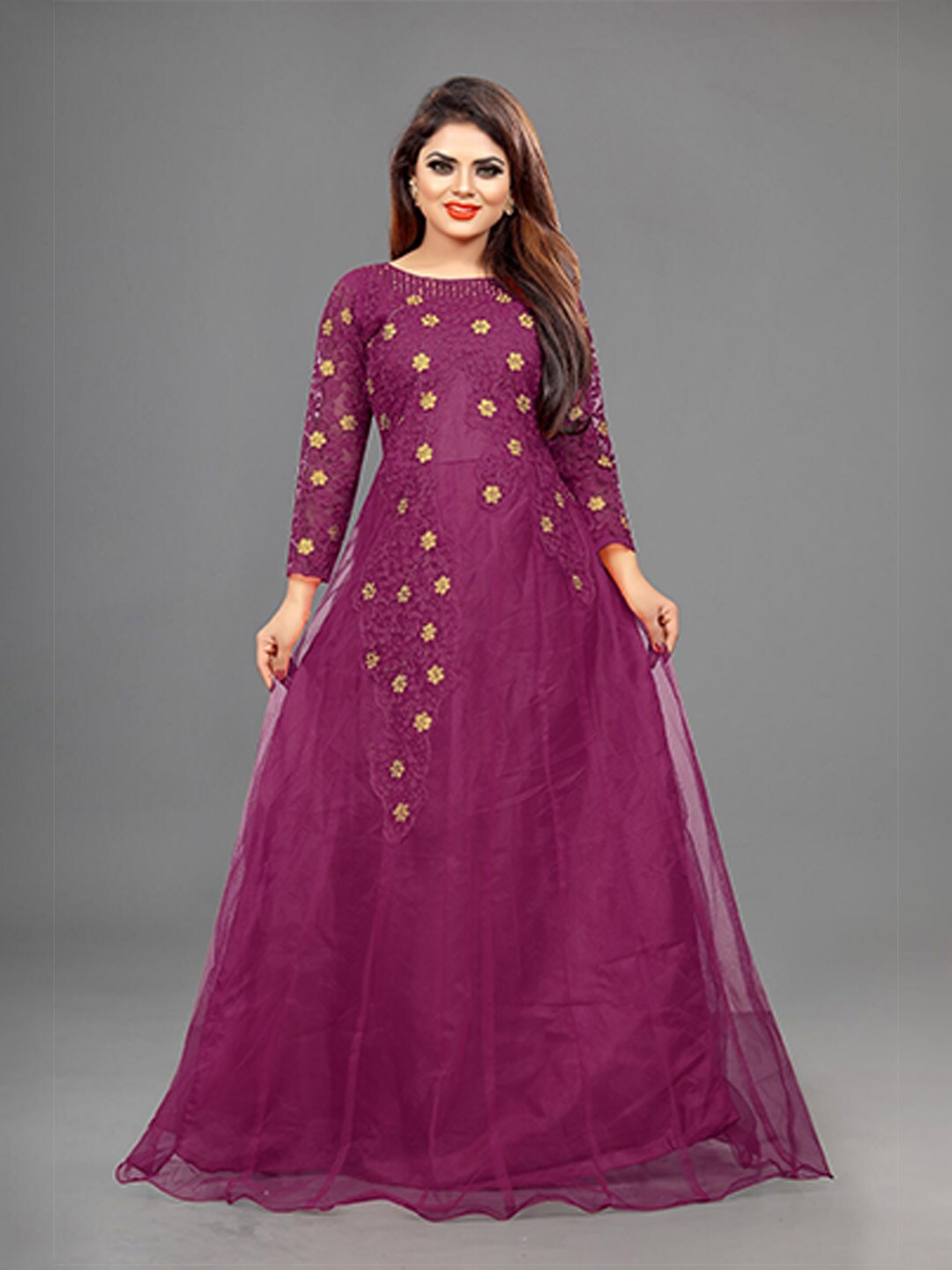 APNISHA Purple Floral Embroidered Net Ethnic Maxi Dress Price in India