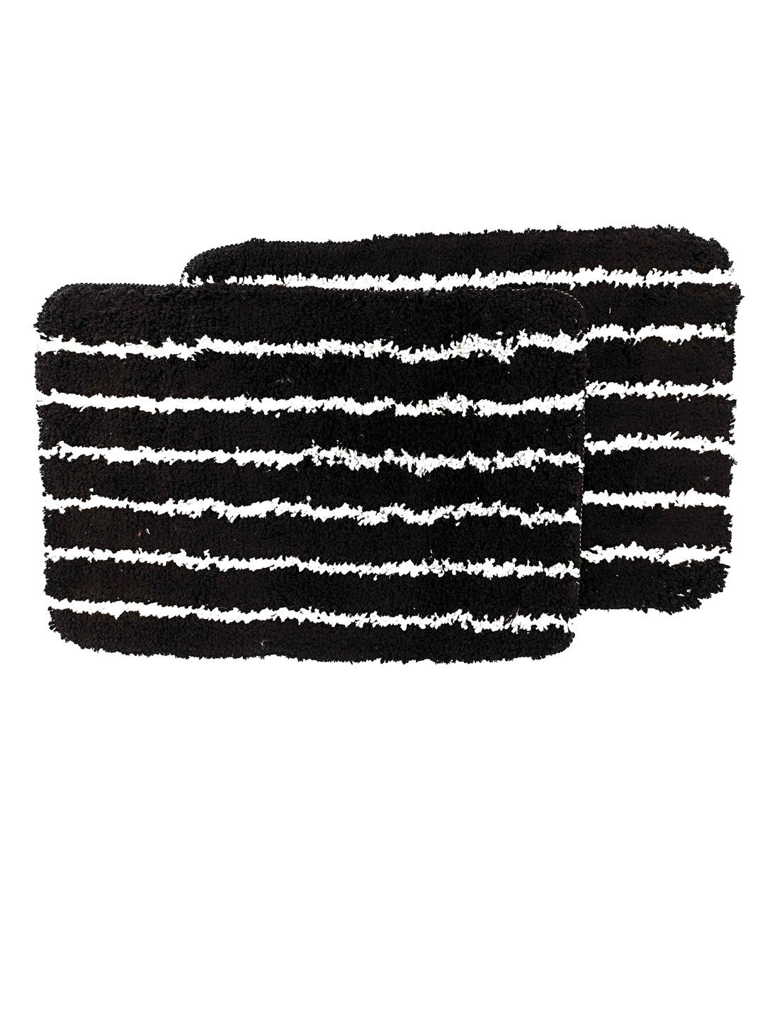 Ariana 2 Pcs Black & White Striped 1600 GSM Microfibre Anti-Skid Bath Rugs