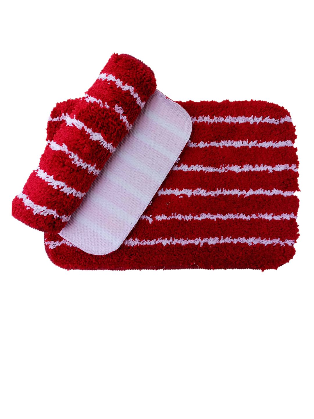 Ariana 2 Pcs Red & White Striped 1600 GSM Microfibre Anti-Skid Bath Rugs