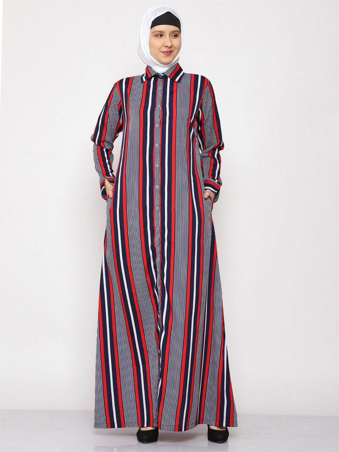 MOMIN LIBAS MOMIN LIBAS Striped Front Open Abaya Burqa With Scarf