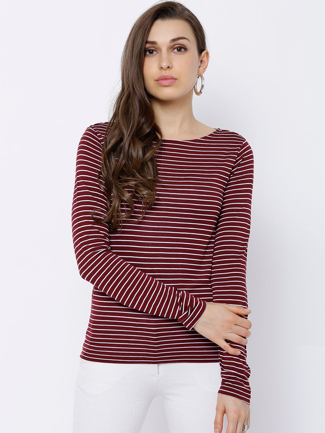 Buy Tokyo Talkies Women Burgundy Striped Pure Cotton Top - Tops