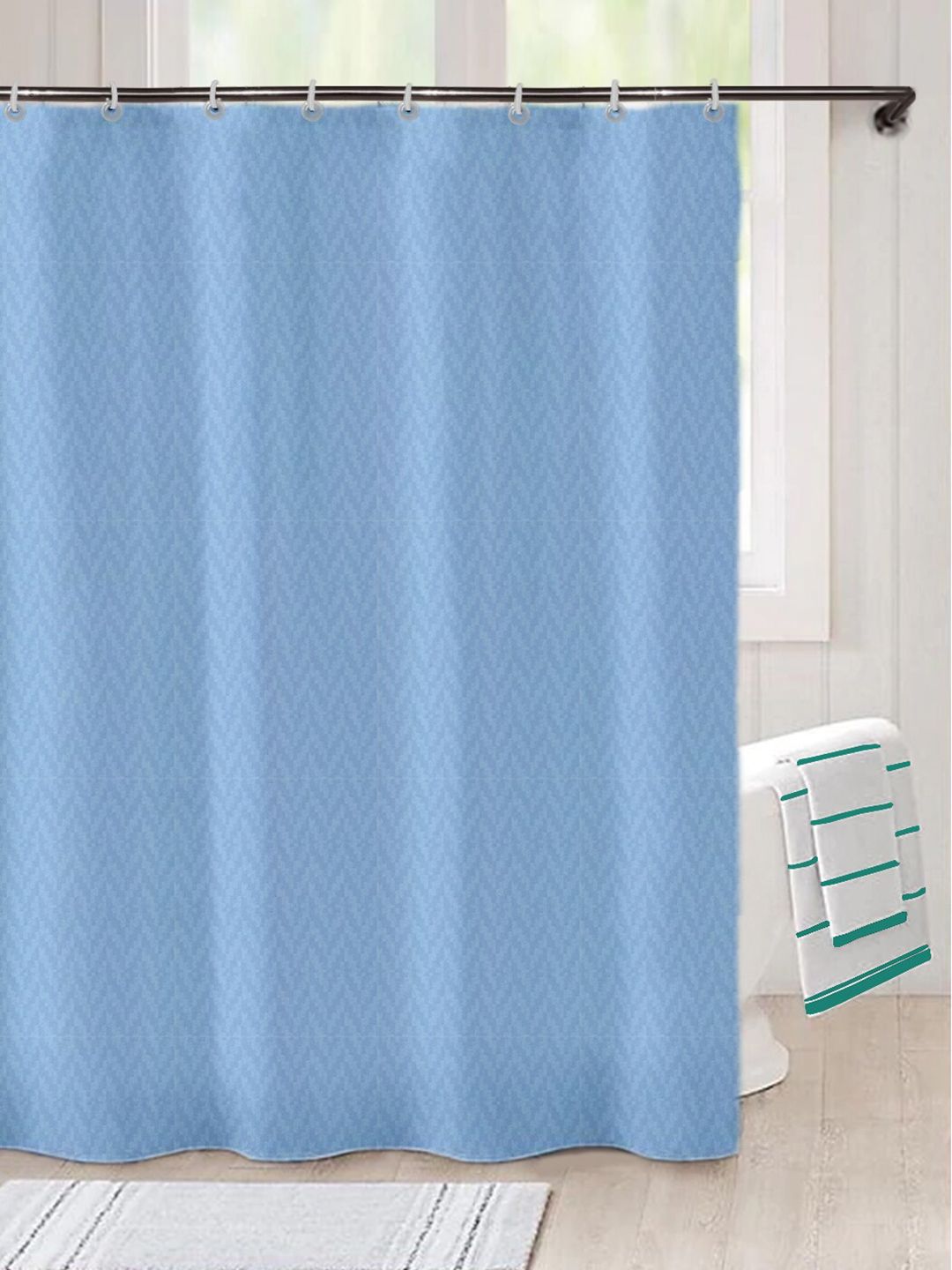 Lushomes Blue Wave Striped Pattern Heavy Duty Fabric  Shower Curtain With 12 Eyelets & 12 C-Rings
