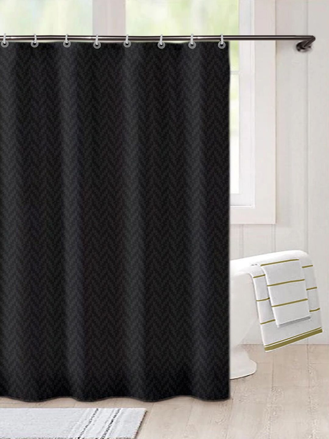 Lushomes Dark Blue Wave Striped Pattern Heavy Duty Fabric  Shower Curtain With 12Pcs Eyelets & 12 Pcs C-Rings