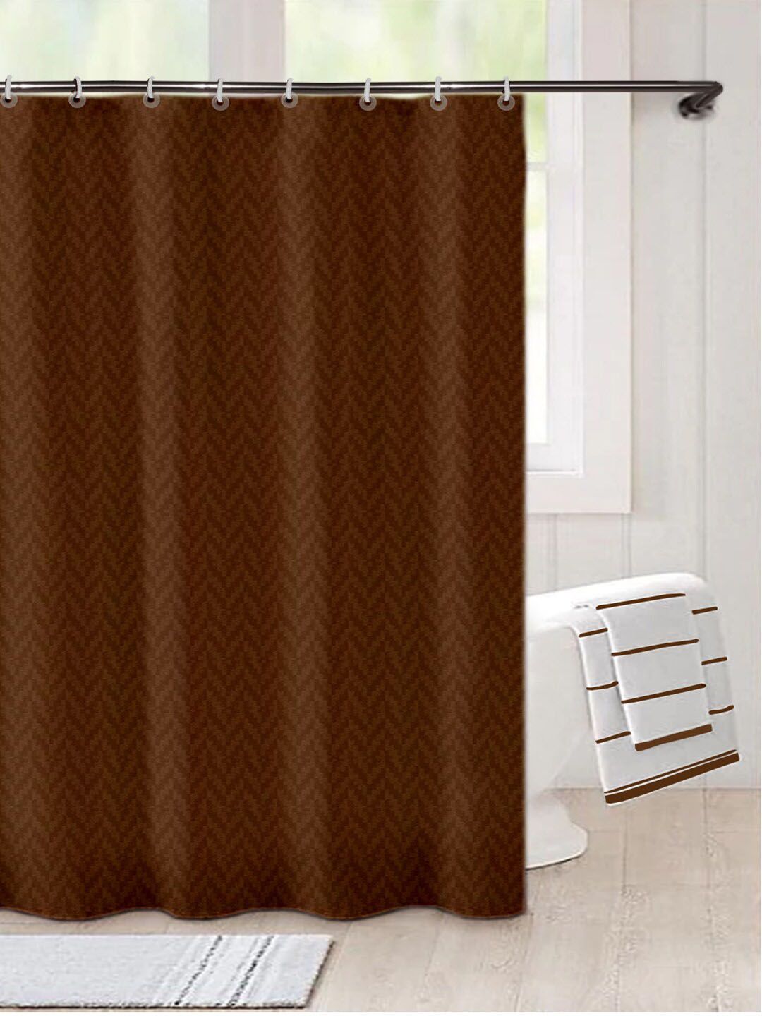Lushomes Brown Wave Striped Pattern Heavy Duty Fabric  Shower Curtain With 12 Pcs Eyelets & 12Pcs C-Rings