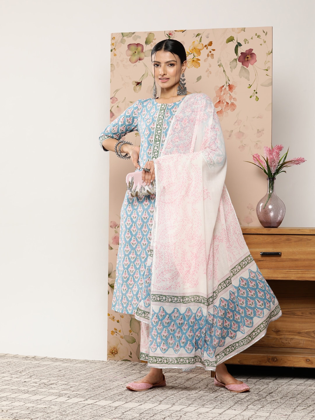 Libas Women Blue Floral Printed Pure Cotton Kurta with Trousers & With Dupatta Price in India