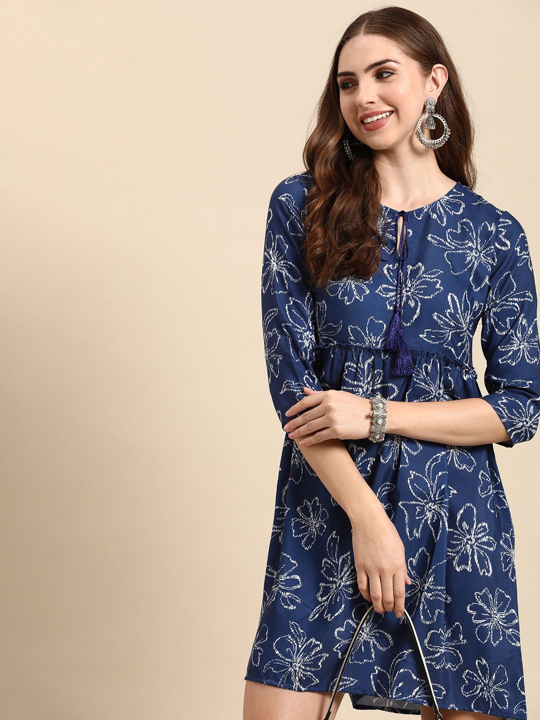 Anouk Floral Print Tie-Up Neck A-Line Dress Price in India