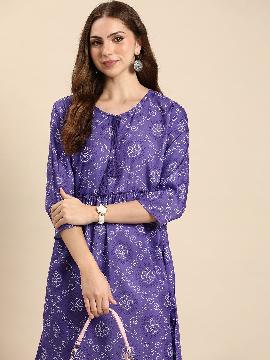 Anouk Ethnic Motifs Bandhani Printed Tie-Up Neck A-Line Dress Price in India