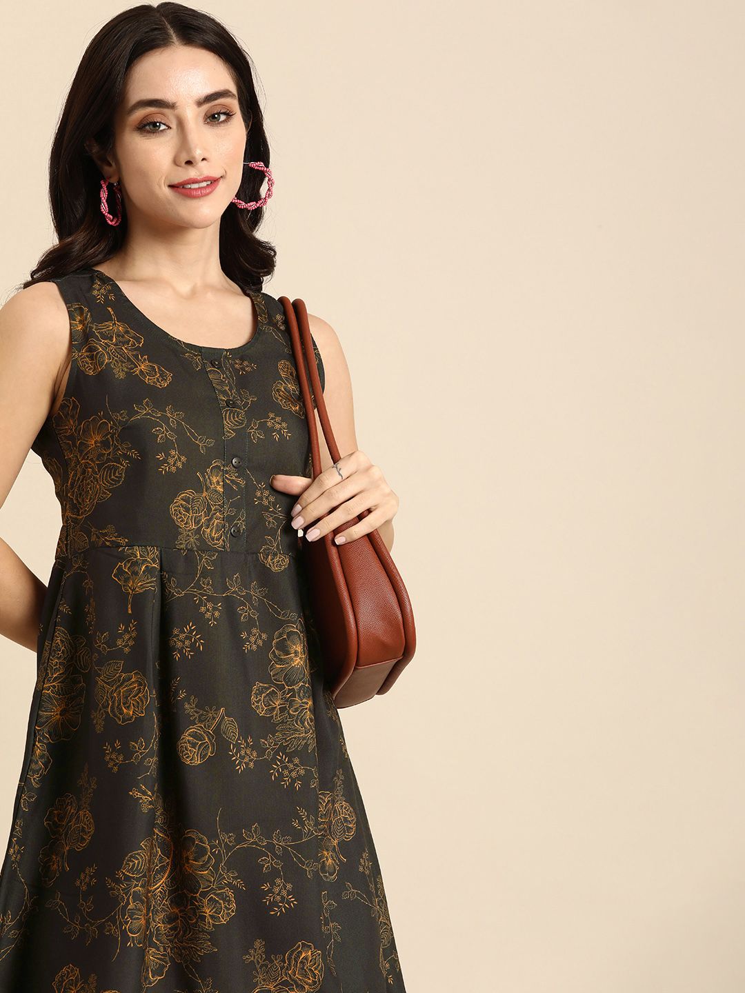 Anouk Floral Print Sleeveless Round Neck A-Line Dress Price in India