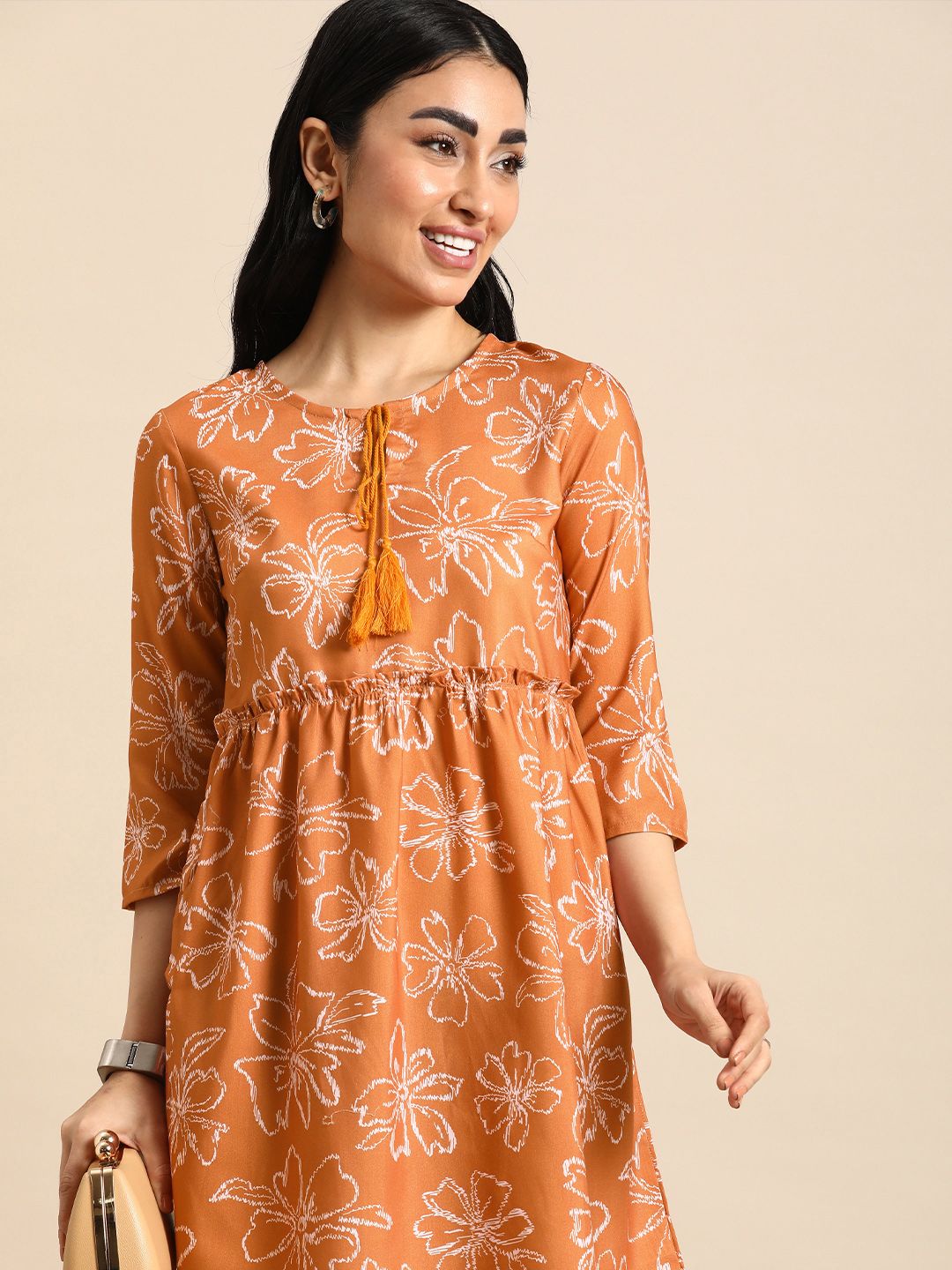 Anouk Floral Print Keyhole Neck A-Line Dress With Ruffle Detail Price in India