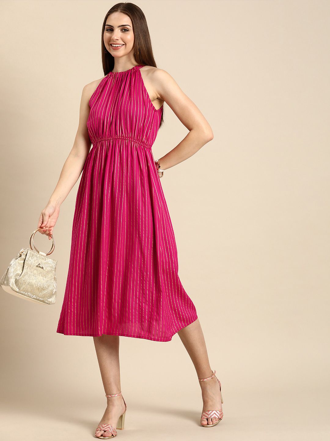 Anouk Striped A-Line Ethnic Midi Dress With Tie-Up Back Detail Price in India