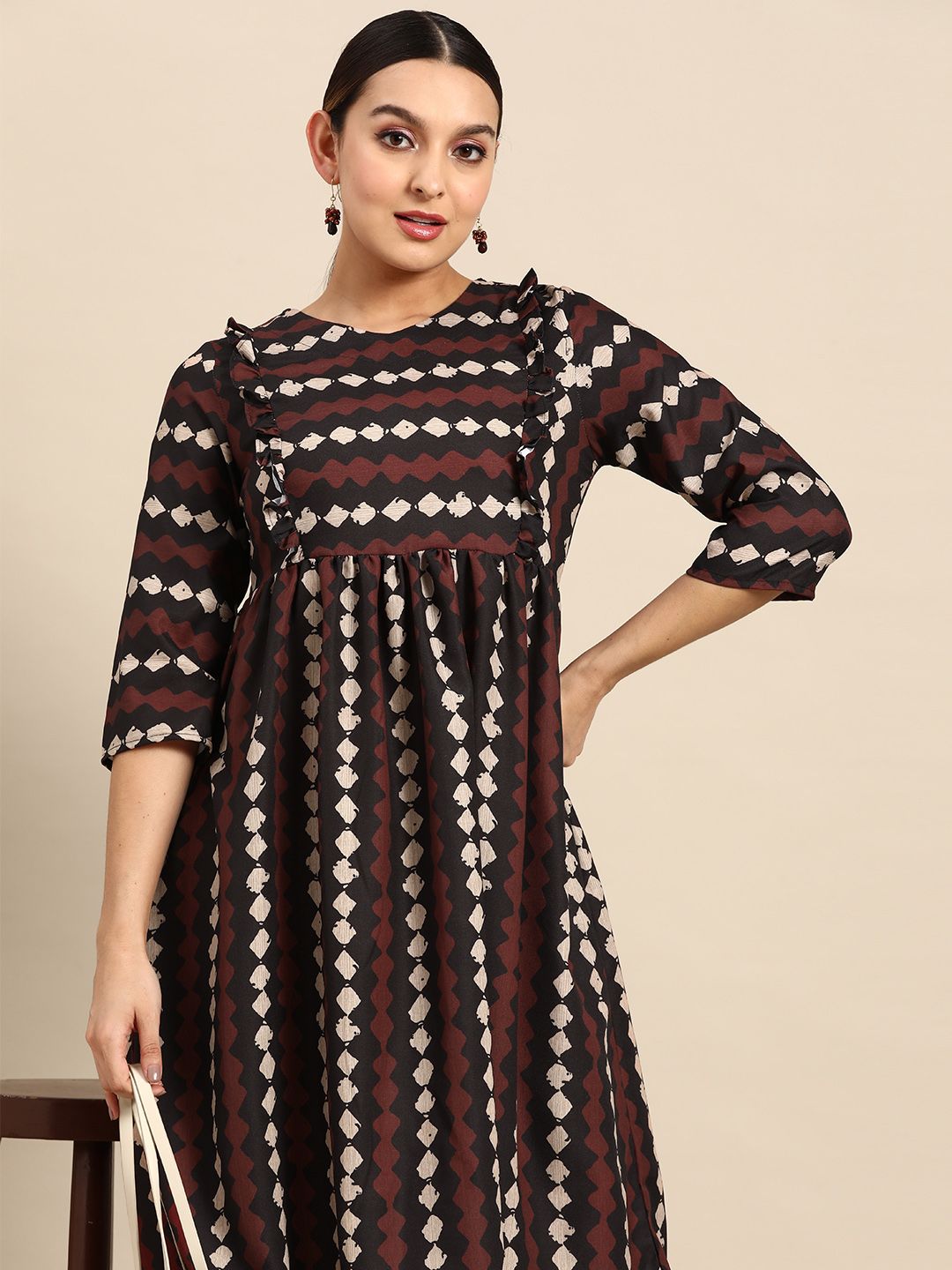 Anouk V-Neck Frilled Printed A-Line Dress with Gathered Waist Price in India