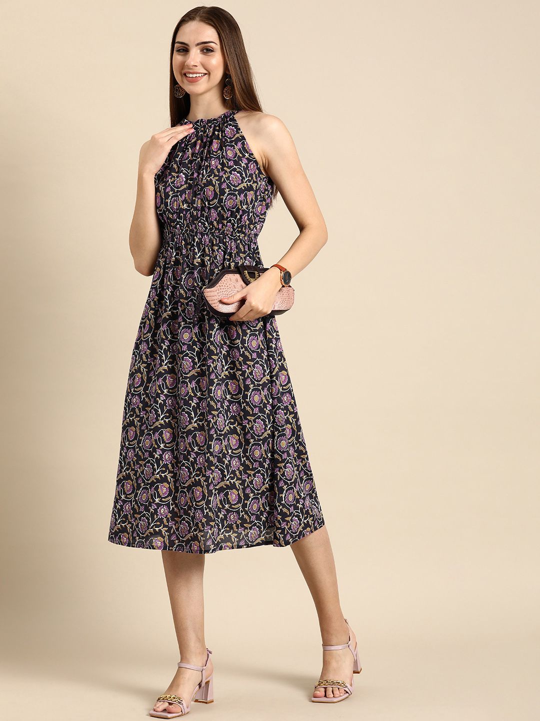 Anouk Floral Print Ethnic A-Line Midi Dress With Back Tie-Up Detail Price in India